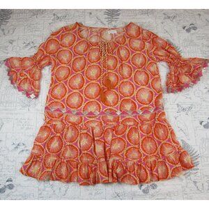 EUC $175 Naudic orange pink and yellow mini dress drop waist gold embroidery M L